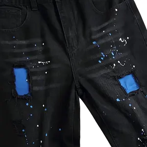 Calça jeans empilhada jeans personalizada para homens, fabricante OEM, jeans de malha rasgados, ajuste fino, jeans de pintura para homens
