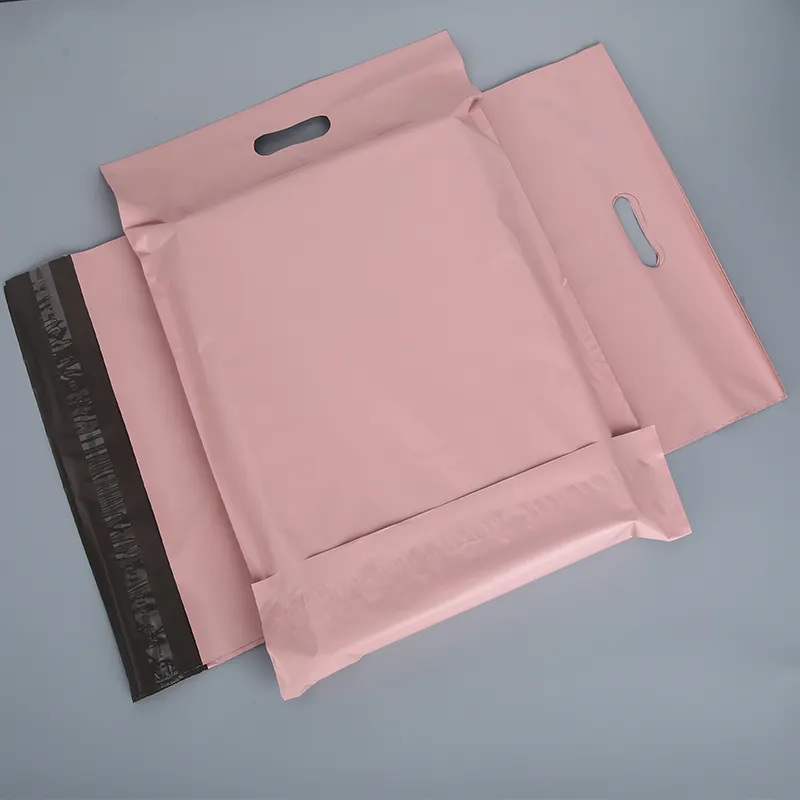 Produsen Kustom Polymailer Plastik Penutup Surat Pengiriman Tas Pengiriman Poly Merah Muda dengan Pegangan