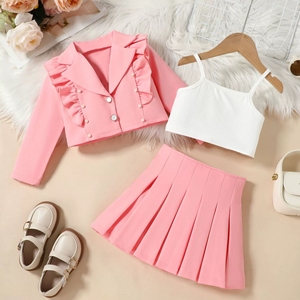 Abbigliamento Casual da ragazza in stile europeo tre pezzi abito da ragazza vestito rosso alla moda per bambini maniche lunghe + <span class=keywords><strong>gonna</strong></span> plissettata da ragazza + top - Product Image 2