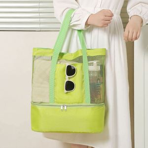 Sac isotherme de pique-nique double couche, sac de rangement de voyage en plein air, sac de plage coloré en maille à poignée - Product Image 2
