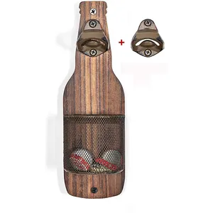 Vintage Wooden Beer Shape Wall Mounted Bottle Opener With Cap Catcher For Beer Lovers