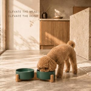 <b>Ceramic</b> Pet Bowl with Bamboo Stand Elevated Pet Food & Water Dish Non-Slip Eco-Friendly Feeder for Cats <b>Dogs</b> - Product Image 3