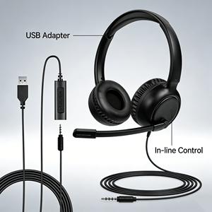 Casque 2-en-1 USB double port + DC3.5mm, filaire, circum-auriculaire, avec micro anti-bruit et contrôle du volume/muet pour bureau téléphonique - Product Image 5