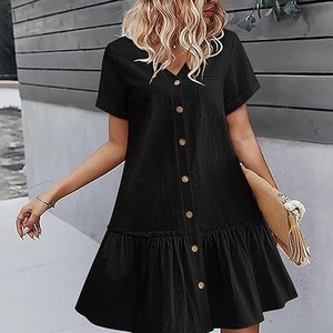 Women's Loose Summer Cotton Linen Ruffle Hem Casual Short Sleeve Buckle Dresses Fashion - Product Image 3