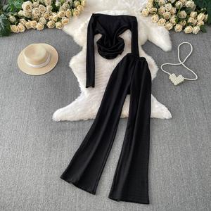 TPY0 Vente en gros Automne Casual Ensemble 2 pièces en tissu tissé uni, haut et pantalon de jogging mi-long, tissu peigné, ensembles pour femmes - Product Image 2