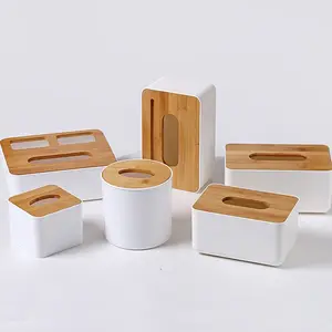 Kotak Tisu Pemegang Serbet Plastik Putih Penyimpanan Organizer Persegi Panjang Kustom dengan Tutup Bambu untuk Meja