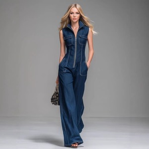 Nuevo Mono de Mezclilla de Algodón con Cuello Mao y Cremallera Frontal, Sin Mangas, Estilo Western Chic, Pierna Ancha, Elegante, 2026 - Product Image 1