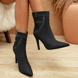 Bottines à talons hauts pour femmes, design tendance, automne 2025, fermeture éclair, denim noir, talons aiguilles, chaussures de soirée - Product Image 4