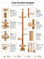 Arbre à chat du sol au plafond 2,8-3m réglable avec corde en sisal, capsule spatiale 30cm, hamac en peluche PV, contreplaqué et acrylique – Vente en gros