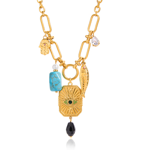 JD Vintage 18K oro Acero inoxidable collar malaquita verde Rhinestone Ojo del diablo cuadrado azul lapislázuli perla colgante collar - Product Image 3