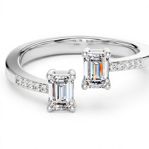 Anillo Toi Et Moi Chapado en Oro de 18K y 14K con Diamante Cultivado en Laboratorio de Corte Esmeralda, Anillo Abierto con Banda de Diamantes Redondos Pavé, Anillo de Diamantes CVD para Mujer - Product Image 2