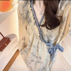 Camisón Largo Informal de Satén con Estampado Floral Tie-Dye, <span class=keywords><strong>Ropa</strong></span> de Dormir para Primavera y Otoño, Estilo Informal para el Hogar, con Botones, Largo hasta el Suelo, Natural - Product Image 4