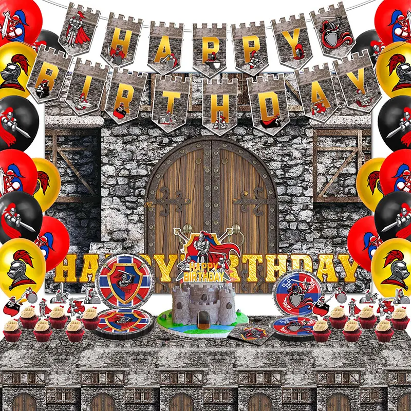 Tema de caballero medieval decoración de fiesta de cumpleaños bandera pastel insertar globo bandeja juego de vajilla desechable