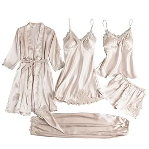 2023 Silk Like Lace Paneled Sexy Ladies Satin Pajamas Set Sleepwear Women 5 Piece