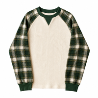T-shirts thermiques gaufrés à manches raglan à carreaux de haute qualité OEM ODM, T-shirts rétro à manches longues en tricot gaufré avec points en V, vêtements streetwear