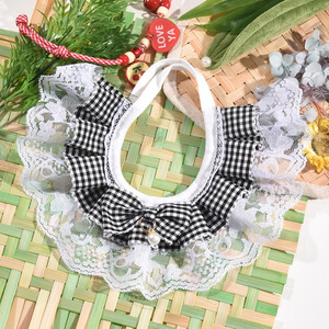 Plaid Lace Trimmed Cat Bib Dog <b>Collar</b> With Pearl Pendant Decorative <b>Pet</b> Accessory All Seasons - Product Image 2