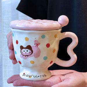 Playful Cat Ceramic <b>Mug</b> With Lid And Spoon Cartoon Design For Kids And Girls Birthday Gift Spring 2025 - Product Image 5