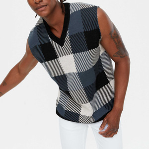 Wholesale OEM&amp;DOM Custom <strong>Men</strong> Sleeveless <strong>v</strong> <strong>Neck</strong> Color Block Knit Top <strong>Black</strong> Check Fine Knit <strong>Jumper</strong> Vest - Product Image 3
