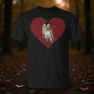 Camiseta con diseño de corazón de San Valentín de Whiskered Screech Owl, color negro, unisex para adultos - Product Image 3
