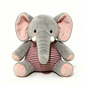 Peluche de Elefante Gris Personalizado - Peluche Suave con Camiseta Rosa a Rayas, Peluche de Elefante Sentado para Niños - Product Image 1