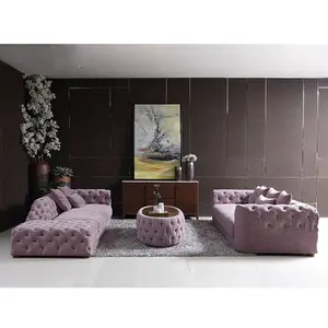 新古典后现代轻奢布艺沙发客厅组合拉扣浅紫色沙发