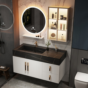 Tocador de baño moderno, mueble con efecto piedra blanca, personalizado, doble lavabo - Product Image 4