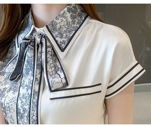 Blusa de cetim solta e grande tamanho, para o verão, casual, manga curta, gola com laço, camisa 9350 # - Product Image 6