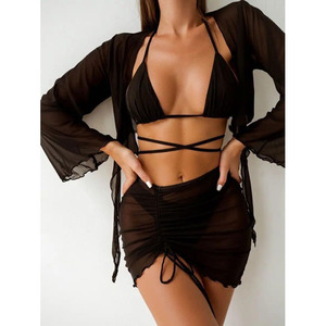 Русский сексуальный купальник бикини из четырех частей сплошной цвет кружевные купальники - Product Image 6