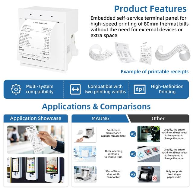 Embedded 80mm Thermal Panel Printer Auto Cutting Receipt Ticket Printer for Pos Self-services Kiosks and Queuing System