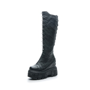 Rivetti in metallo fino al ginocchio inverno nuovi stivali <span class=keywords><strong>da</strong></span> boxe con punta tonda tacco grosso in pelle con plateau stivali gotici - Product Image 3