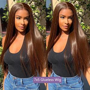 Perruque sans colle marron chocolat 7x5 avec dentelle frontale, cheveux humains pré-coupés, sans colle, pré-épilée, ligne de cheveux naturelle, facile à porter - Product Image 3
