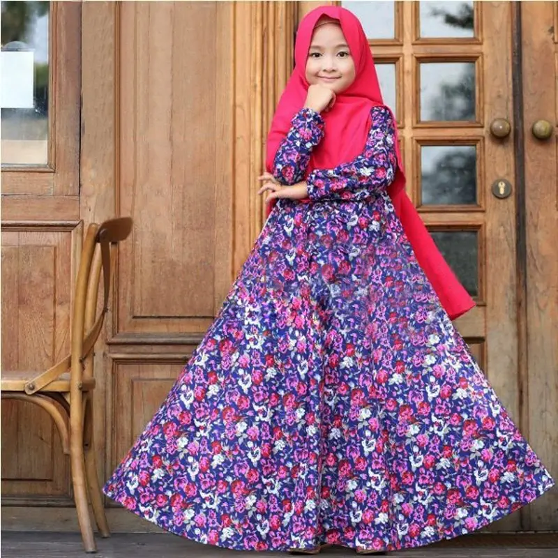 2687 Beautiful print flower children long hijab dress for Islamic cloth girls abaya dress with hijab