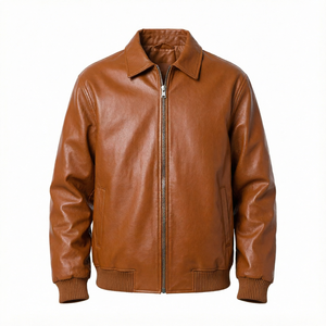<b>Brown</b> <b>Leather</b> Bomber <b>Jacket</b> <b>Men</b> Zipper Closure Turn-down Collar Casual Autumn Outerwear Regular Fit Solid Color - Product Image 1
