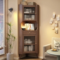 Armoire de rangement d'angle triangulaire rétro en bois massif blanc avec hauteur réglable en verre pour salle à manger/salon, artisanale et élégante