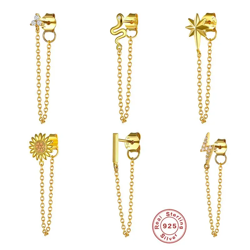 Korean Fashion Jewelry 925 Sterling Silver Long Tassel Earrings Set Snake Sun Flower Star Shape Gold Chain Stud Earrings Women