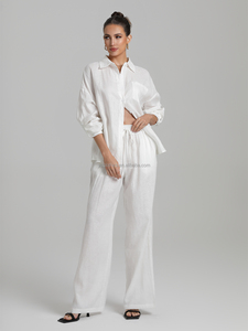 Abito di <span class=keywords><strong>lino</strong></span> da <span class=keywords><strong>donna</strong></span> alla moda blusa di <span class=keywords><strong>lino</strong></span> 100% pantaloni Casual temperamento semplice traspirante top protezione solare maniche solide - Product Image 6