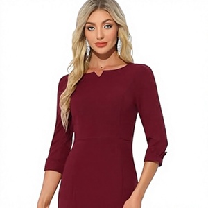 Vestido Tubo Borgoña de Alta Calidad para Mujer, Manga 3/4, Cuello con Muescas, Elegante, Largo hasta la Rodilla, para Oficina - Product Image 3