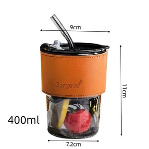 แก้วน้ำแก้วใสขนาด 400 มล. แก้วน้ำทรงสูงแบบหนา แก้วกาแฟเก็บความร้อน แก้วน้ำแข็งใส แก้วกาแฟพร้อมหลอดและฝาปิดสนิท พกพาสะดวก - Product Image 2
