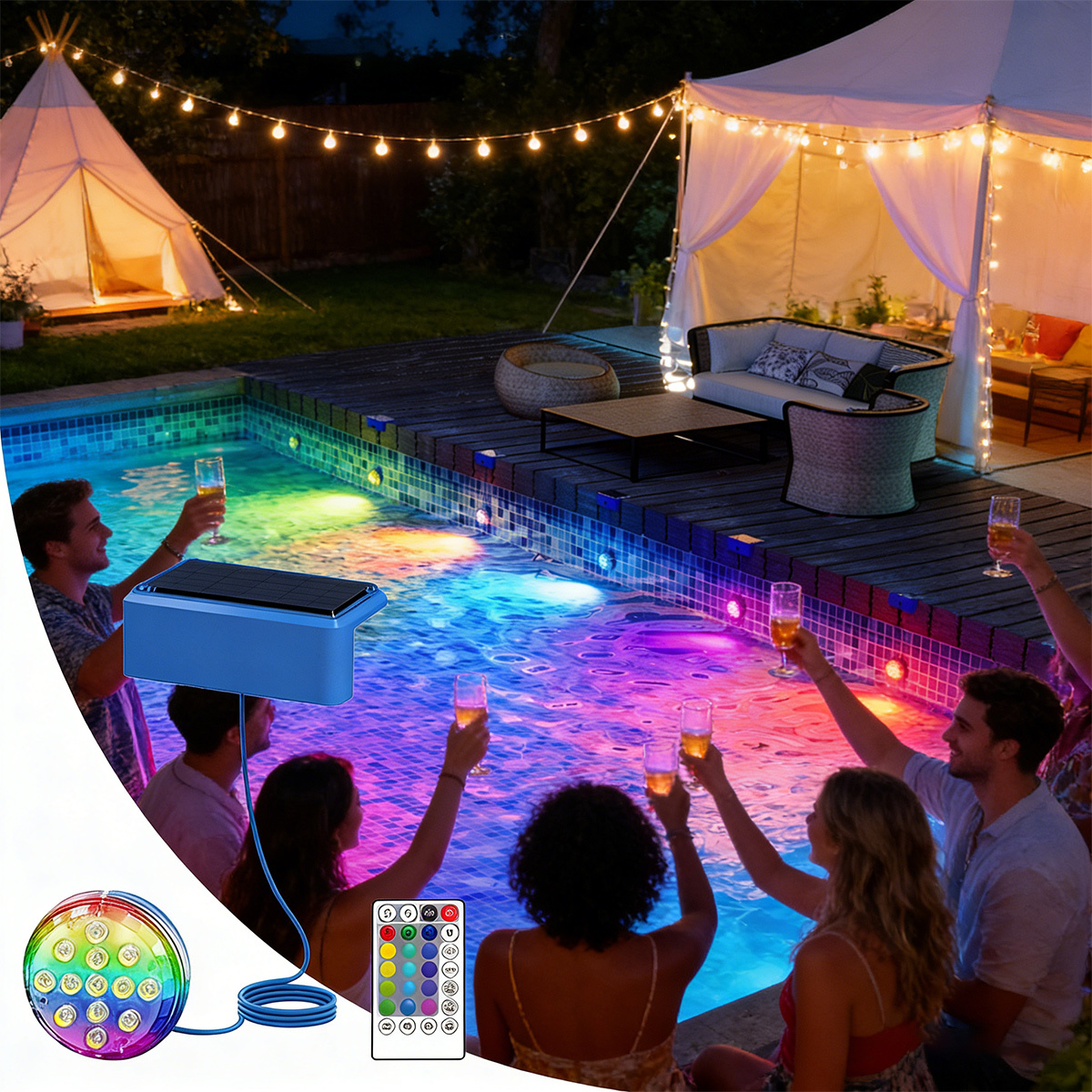 Rechargeable Solar Powered Underwater LED Swimming Pool Light IP68 Waterproof RGB Floating Submersible Plastic 2-Year Warranty