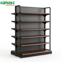 Étagère gondole double face avec panneau arrière perforé en bois grainé, présentoir métallique pour magasin de proximité