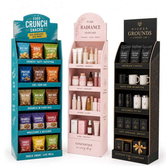 Custom Printed Cardboard Retail Floor Display Stand for Snack Skincare Coffee Promotional Products