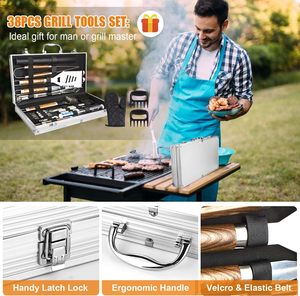 Juego de Accesorios para Parrilla SEB de 38 Piezas, Herramientas de Acero Inoxidable con Estuche de Aluminio, Termómetro y Tapetes para Parrilla, para Camping - Product Image 6