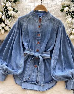 Nuova <span class=keywords><strong>camicia</strong></span> da <span class=keywords><strong>donna</strong></span> in Denim a maniche lunghe in vita autunnale con collo alto largo Casual Vintage - Product Image 6