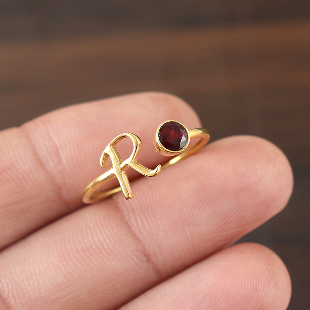 Personalized Garnet Initial Ring For Women Gold Plated Letter Ring January Birthstone Jewelry Gift For Her