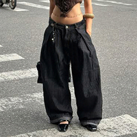 Jean Boyfriend Oversize en Denim Uni Tissé Respirant Écologique Coupe-Vent Délavé Foncé Taille Basse Coupe Ample Courbé Automne Simple