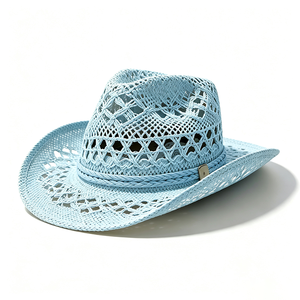 Wholesale Hollow Cowboy Straw <b>Floppy</b> <b>Hat</b> Unisex Wide Brim Breathable Open Weave Beach Sun Custom Logo Summer Travel - Product Image 5