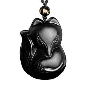 Collar de piedras preciosas de cristal curativo obsidiana, colgante de zorro, amuleto de protección
