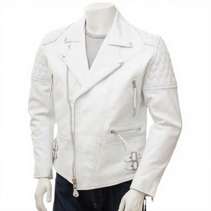 Chaqueta de Cuero Genuino Blanca para Hombre, con Cierre Asimétrico, Bolsillos Acolchados en los Hombros, Estilo Motero, Personalizada, Vintage, para Invierno - Product Image 1