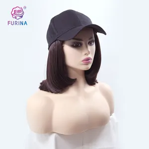 Furina Fashion Cute and practical for sunny day short straight Brown Synthetic Bob Wig with Baseball hat