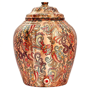 Distributeur d'eau en cuivre peint à la main avec motif floral et robinet pour usage domestique - Product Image 1
